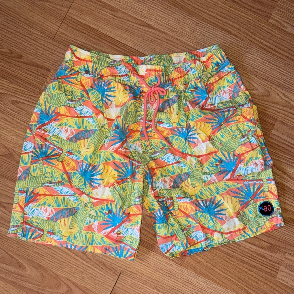 Extreme 80s men swim trunks or shorts sloths bright colors size large